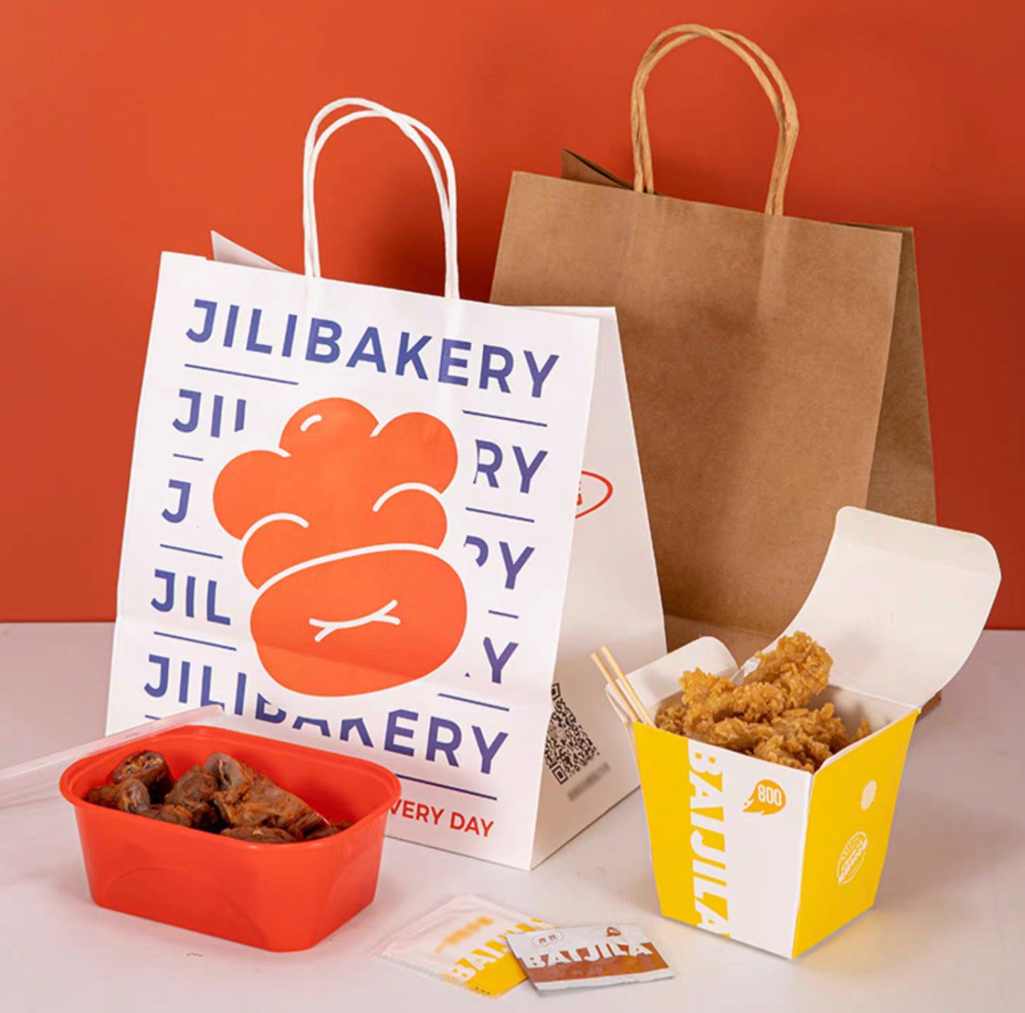 Paper Shopping Bags with Handles, Brown and White