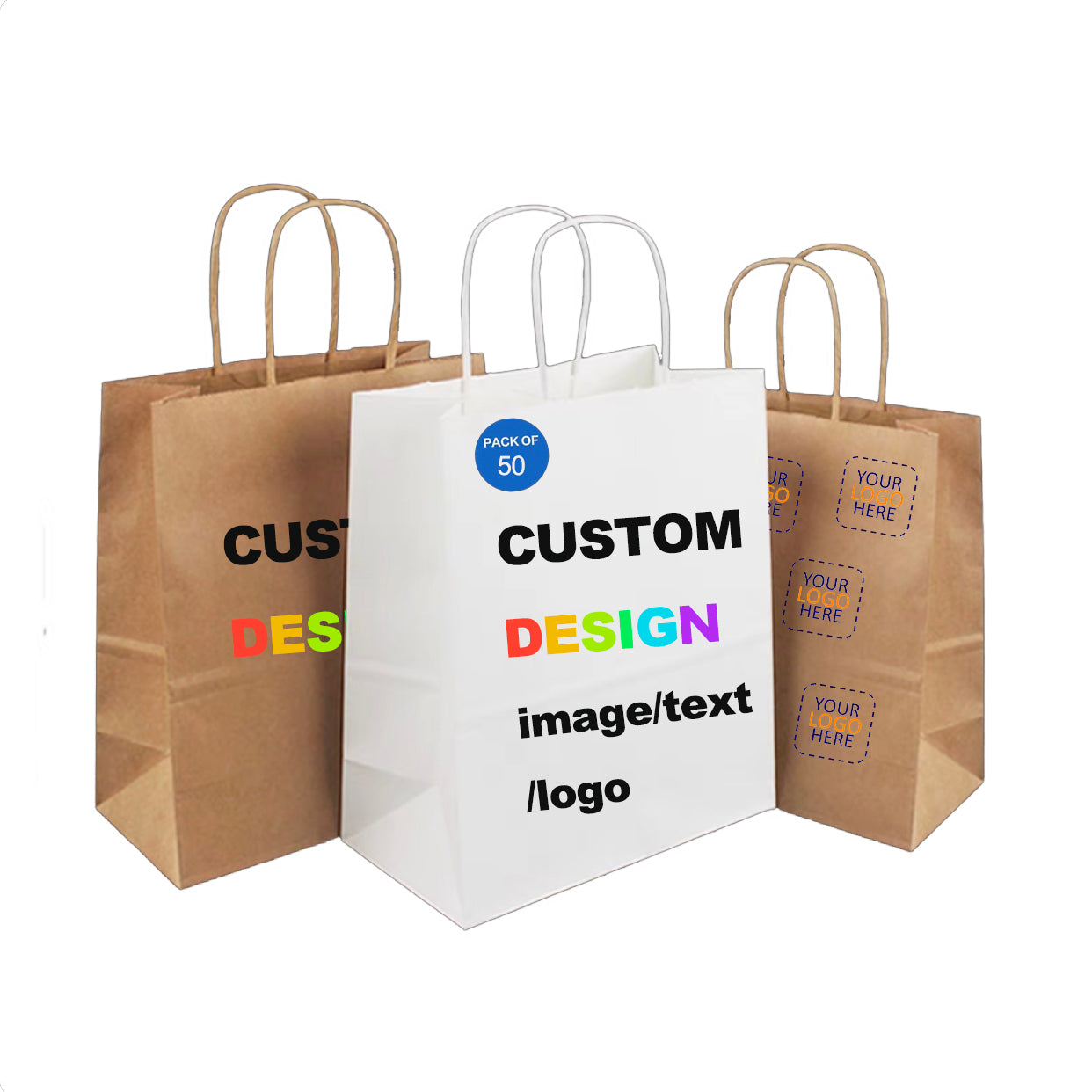 Paper Shopping Bags with Handles, Brown and White