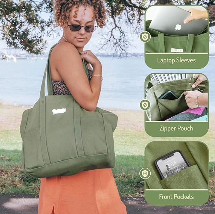 Cotton Canvas Tote Shopping Bag, Multi-function Tote Bag (Green) --- as low as $2.3